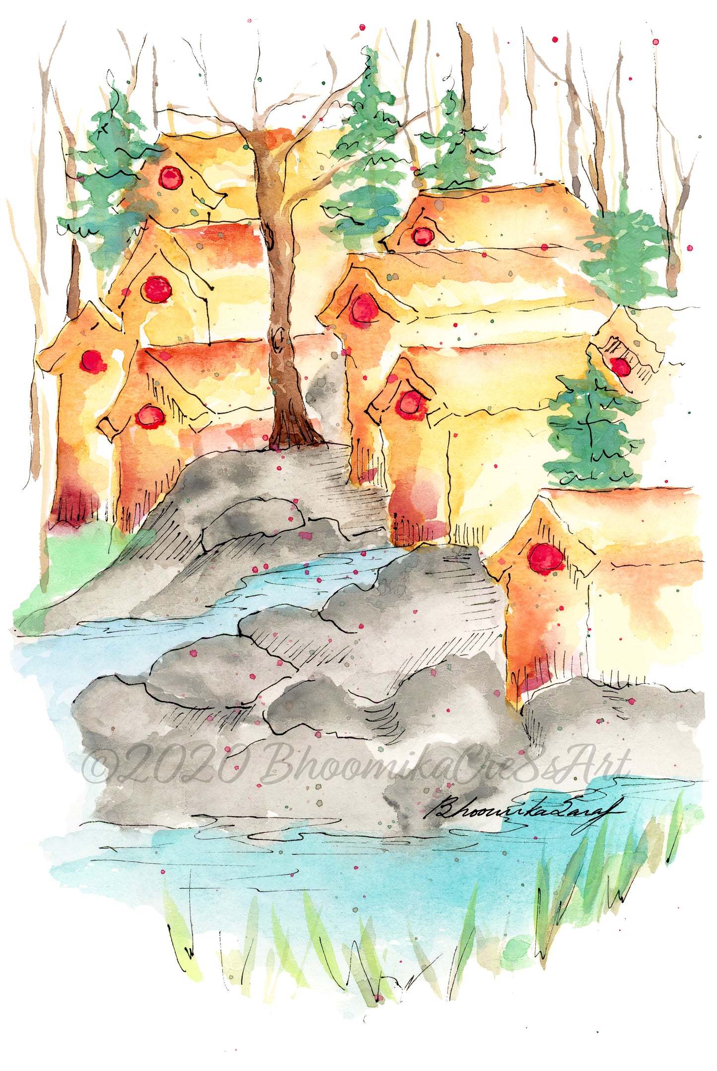 Print - Winter Village 3, Watercolor Illustration