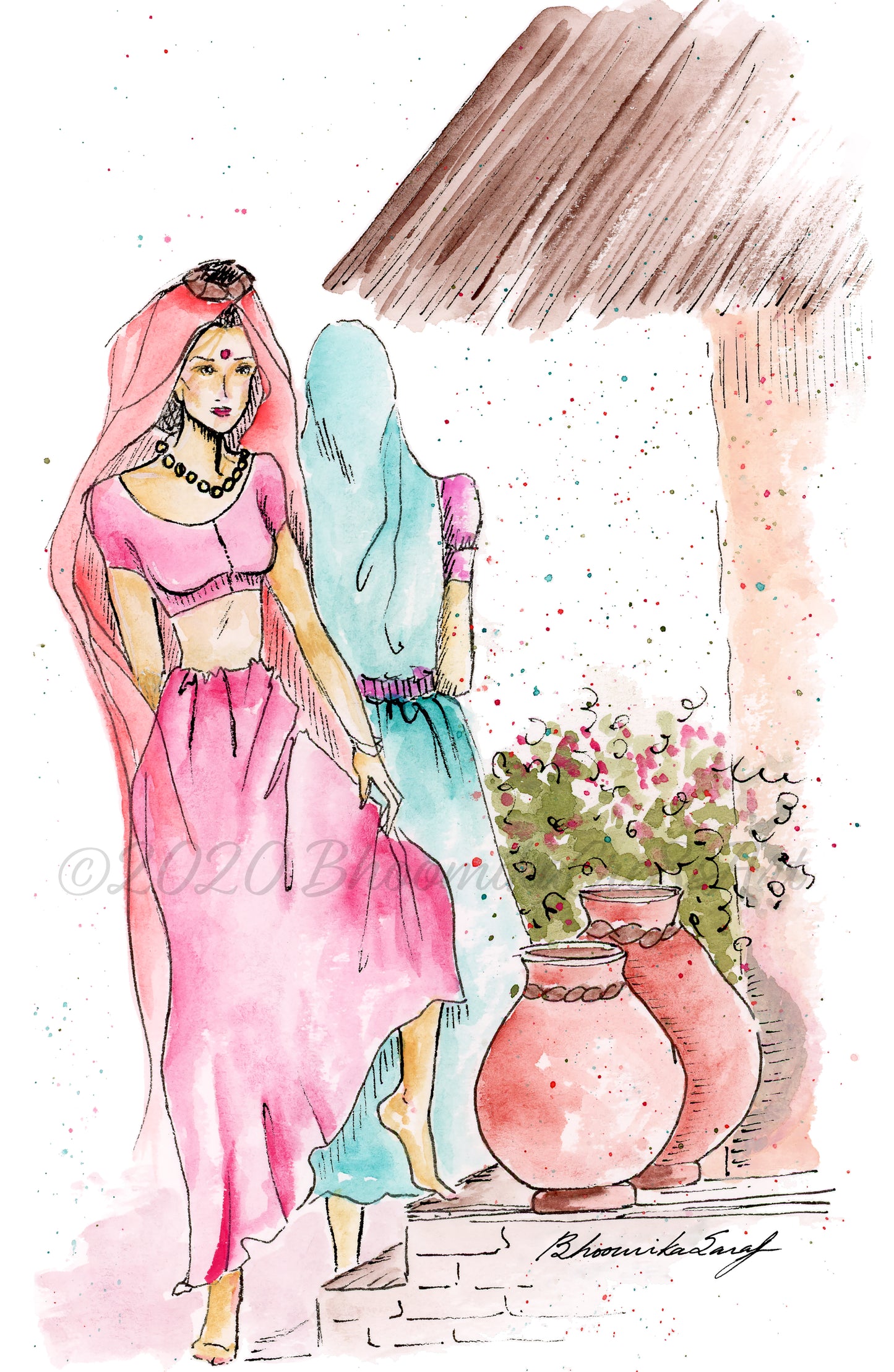 Print - Ethnic, Village Girls, Watercolor Illustration