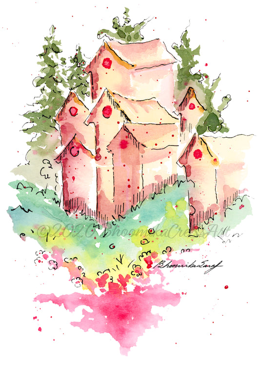 Print - Winter Village 1, Watercolor Illustration