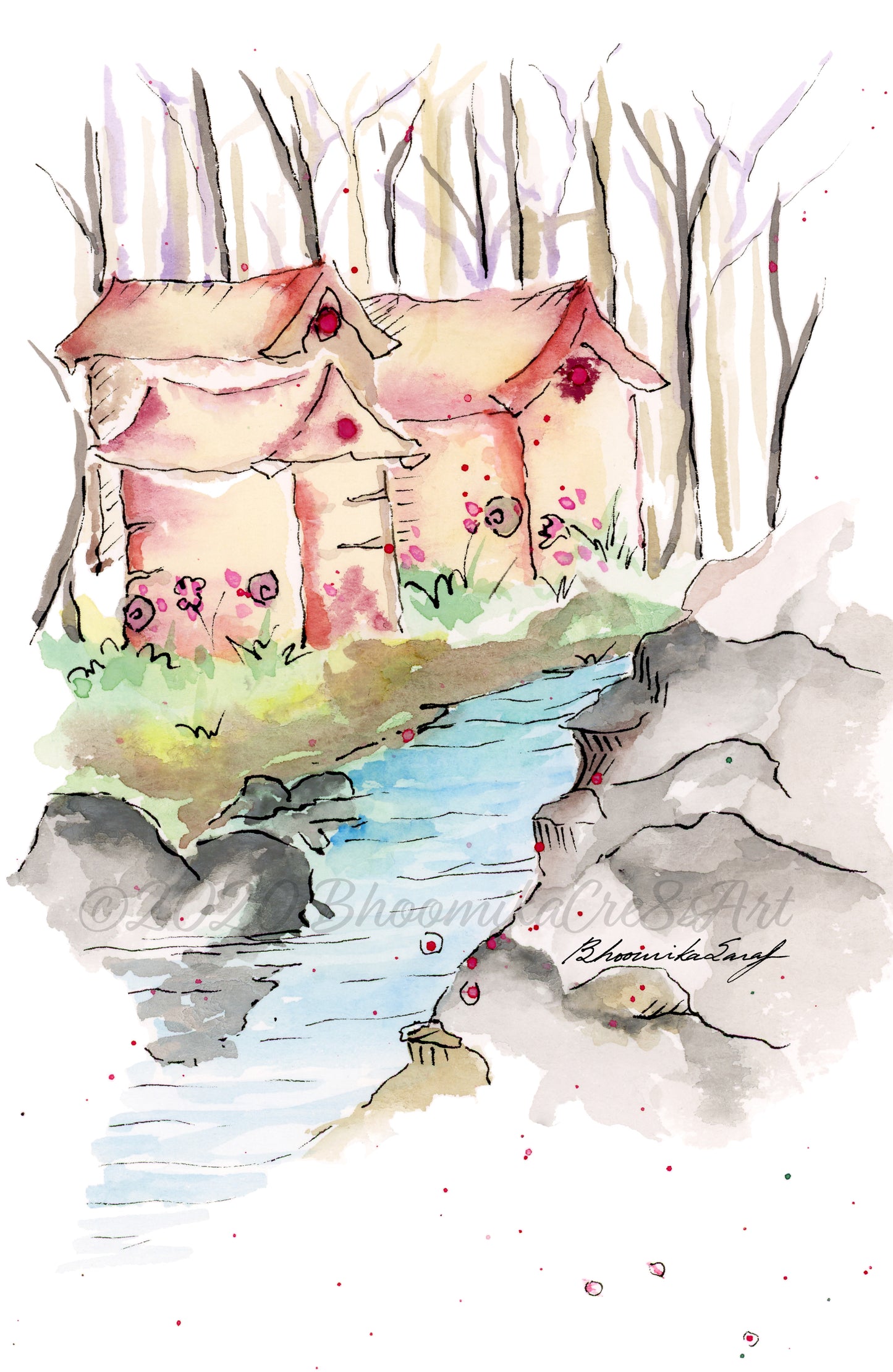 Print - Winter Village 2, Watercolor Illustration